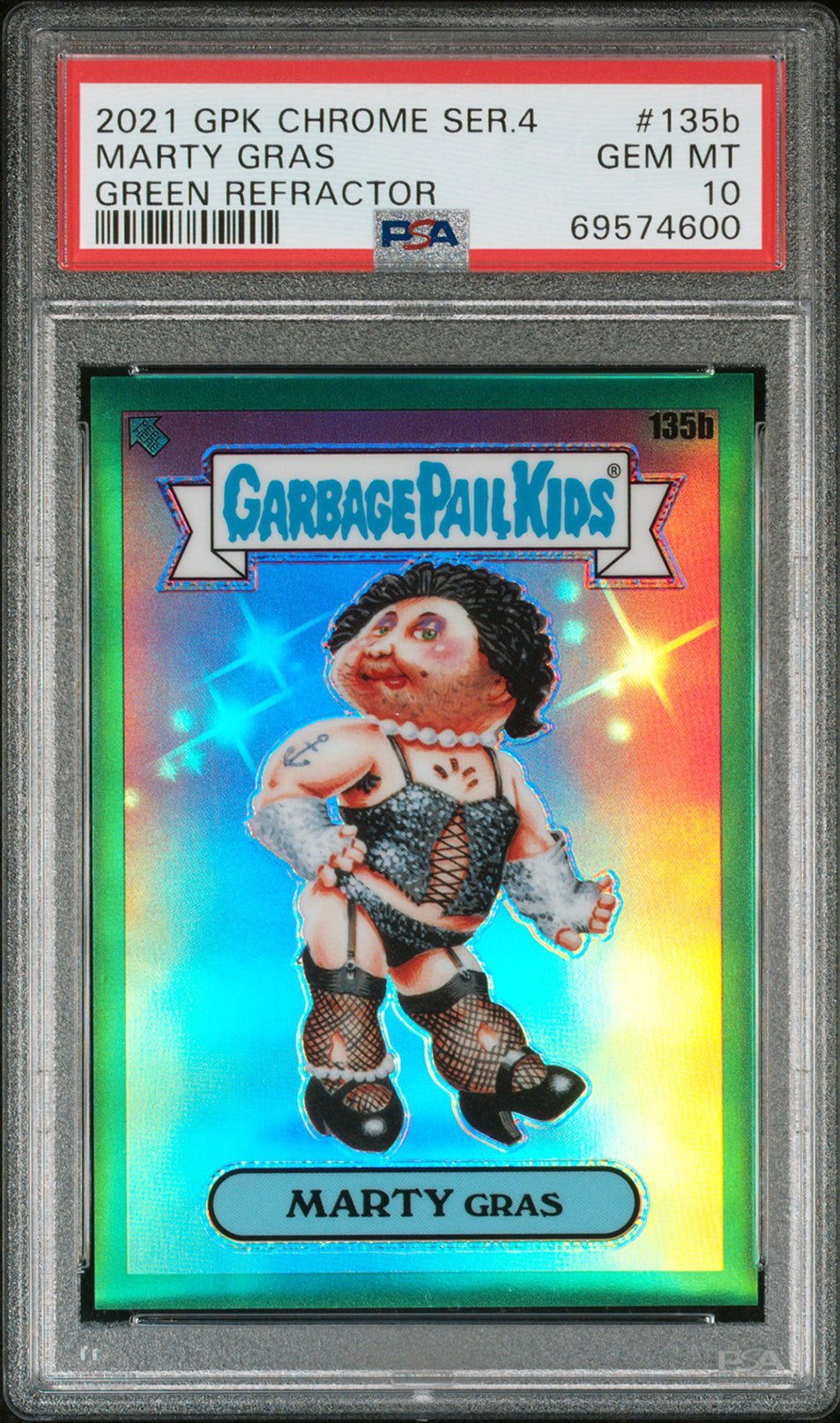 MARTY GRAS PSA 10 2021 Topps Chrome Green Refractor 135b 93/299 Garbage Pail Kids Graded Cards Parallel Serial Numbered - Hobby Gems