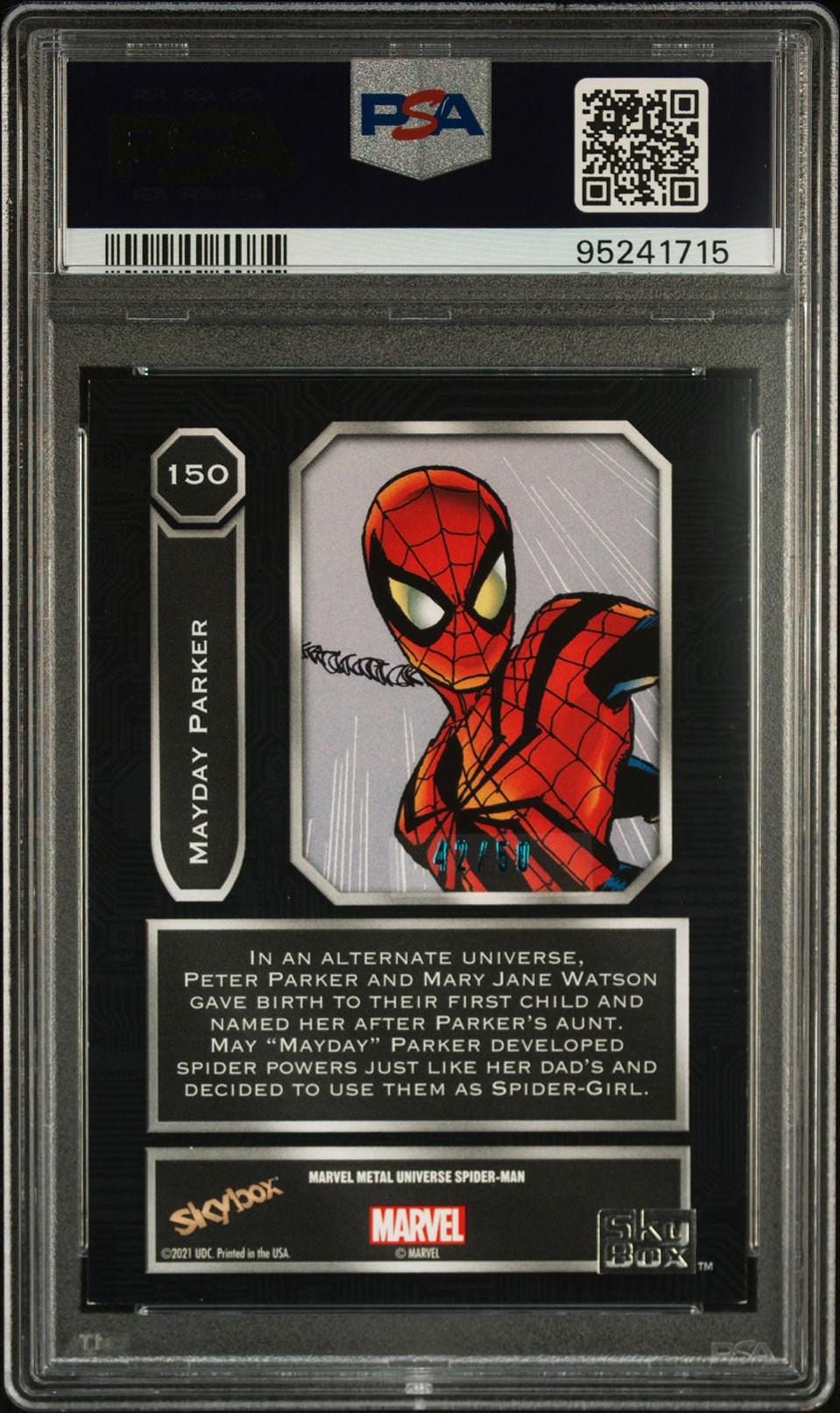 MAYDAY PARKER Spider - Girl PSA 8 2022 Marvel Metal Universe Spider - Man Light FX Turquoise #150 42/50 Marvel Graded Cards Parallel Serial Numbered - Hobby Gems