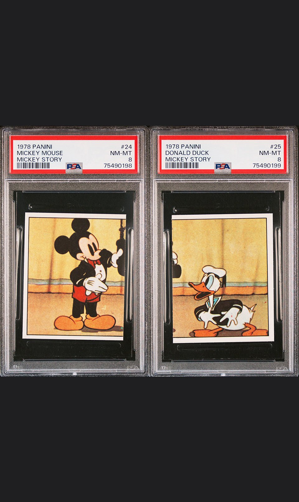 MICKEY MOUSE & DONALD DUCK PSA 8 1978 Panini Mickey Story Sticker #24 & #25 Disney Base Graded Cards - Hobby Gems
