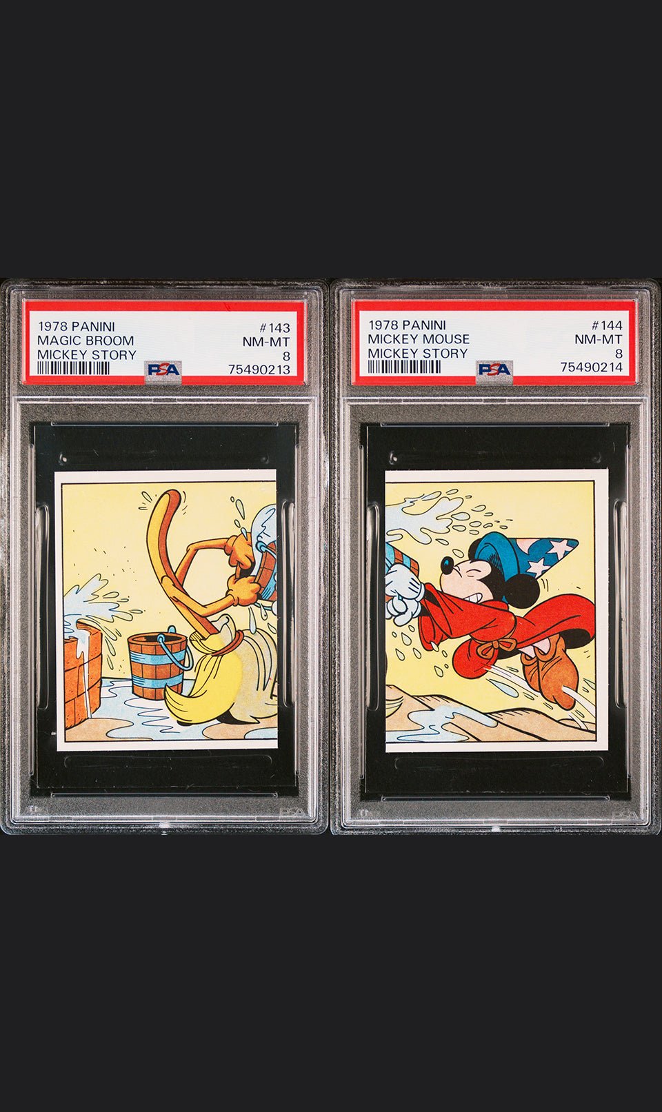 MICKEY MOUSE Fantasia PSA 8 1978 Panini Mickey Story Sticker #143 & #144 Disney Base Graded Cards - Hobby Gems