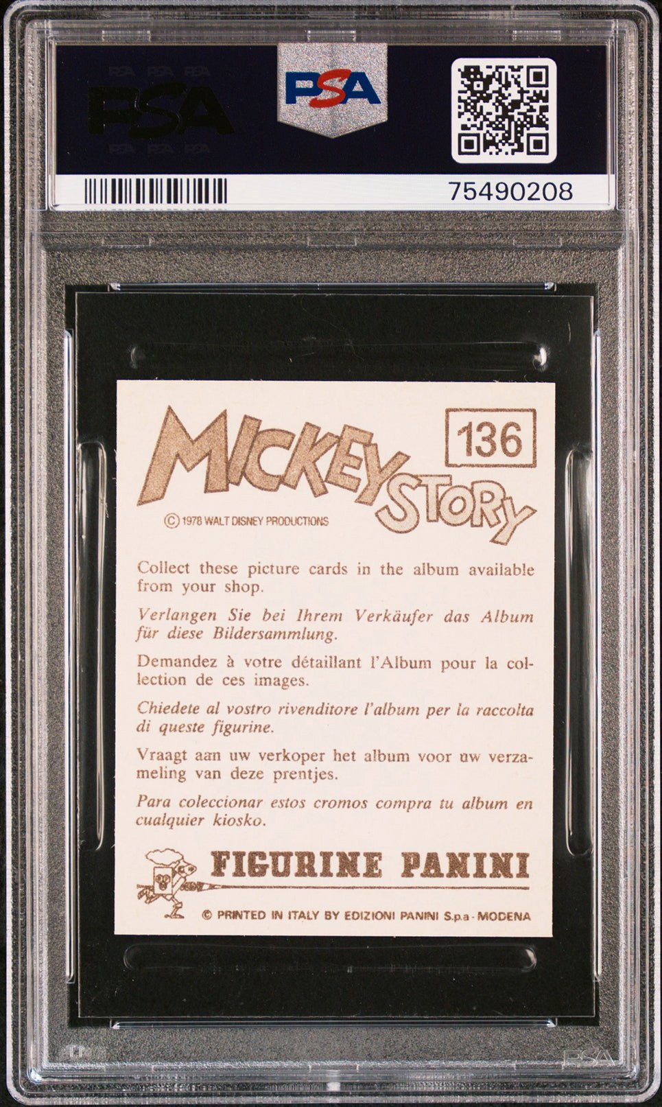 MICKEY MOUSE Fantasia PSA 9 1978 Panini Mickey Story Sticker #136 Disney Base Graded Cards - Hobby Gems