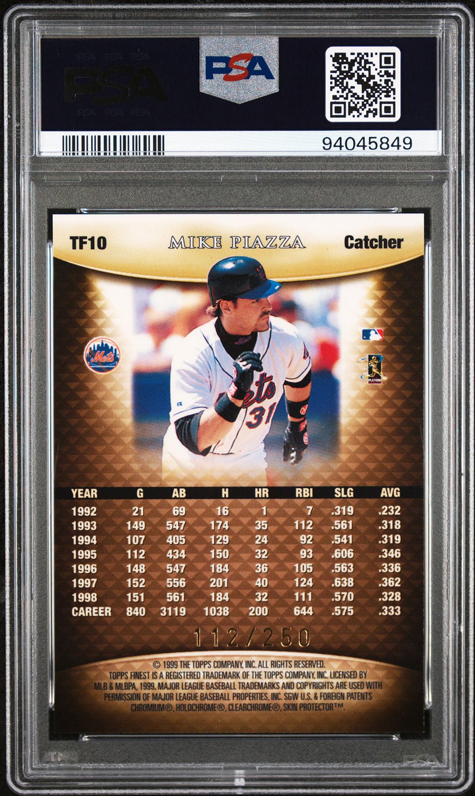 MIKE PIAZZA PSA 10 1999 Topps Finest Team Finest Gold #TF10 112/250 Baseball Graded Cards Parallel Serial Numbered - Hobby Gems