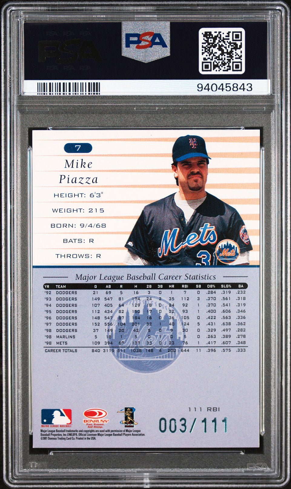 MIKE PIAZZA PSA 9 2001 Donruss 1999 Retro Stat Line Season #7 3/111 Baseball Graded Cards Parallel Serial Numbered - Hobby Gems