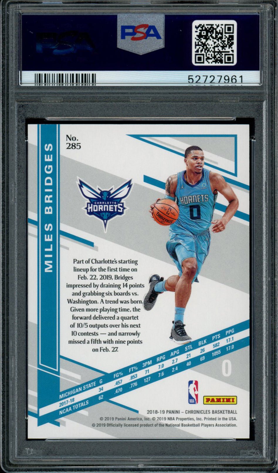 MILES BRIDGES PSA 10 2018-19 Panini Chronicles RC Elite Blue #285 58/99 Basketball Graded Cards Parallel RC - Hobby Gems