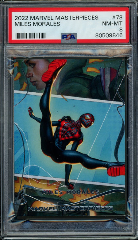 MILES MORALES Spider-Man PSA 8 2022 UD Marvel Masterpieces Level 3 #78 590/999 Marvel Base Graded Cards Serial Numbered - Hobby Gems