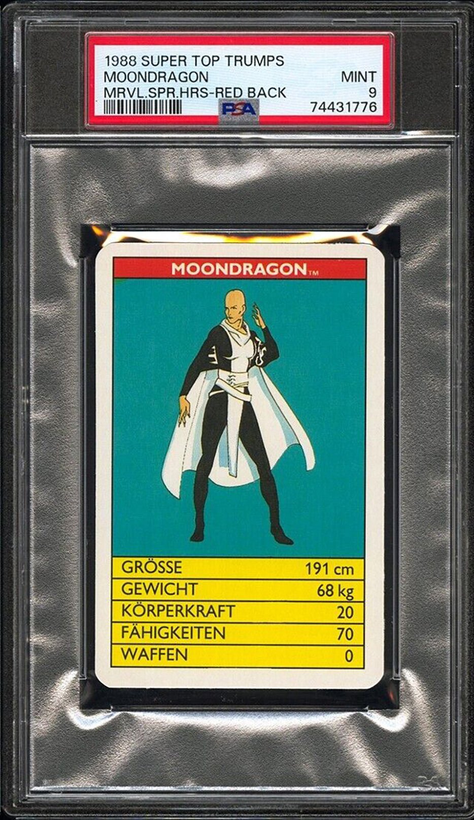 MOON DRAGON PSA 9 1988 Super Top Trumps Marvel Super Heroes Red Back C1 Marvel Base Graded Cards - Hobby Gems