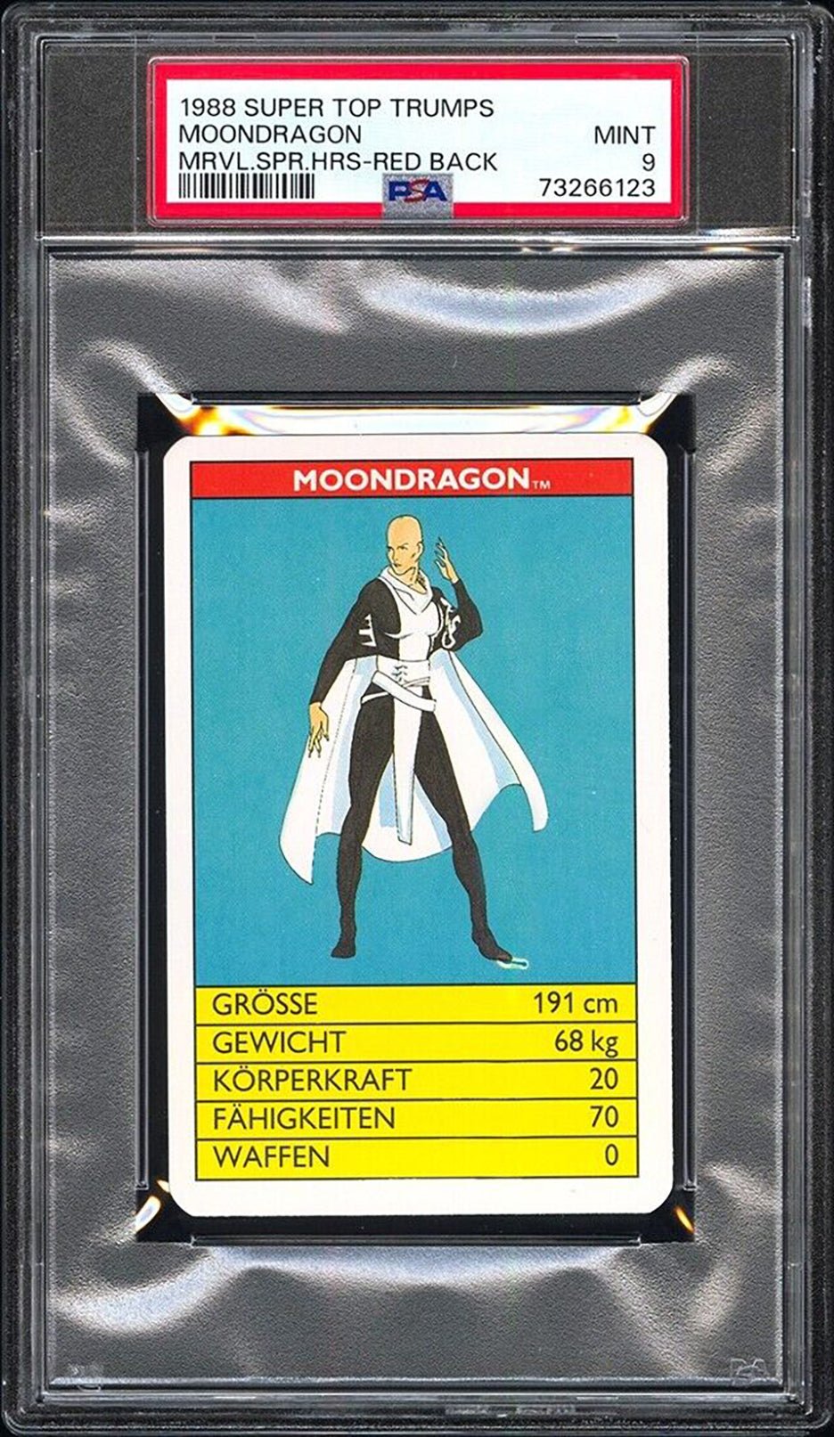 MOON DRAGON PSA 9 1988 Super Top Trumps Marvel Super Heroes Red Back C2 Marvel Base Graded Cards - Hobby Gems