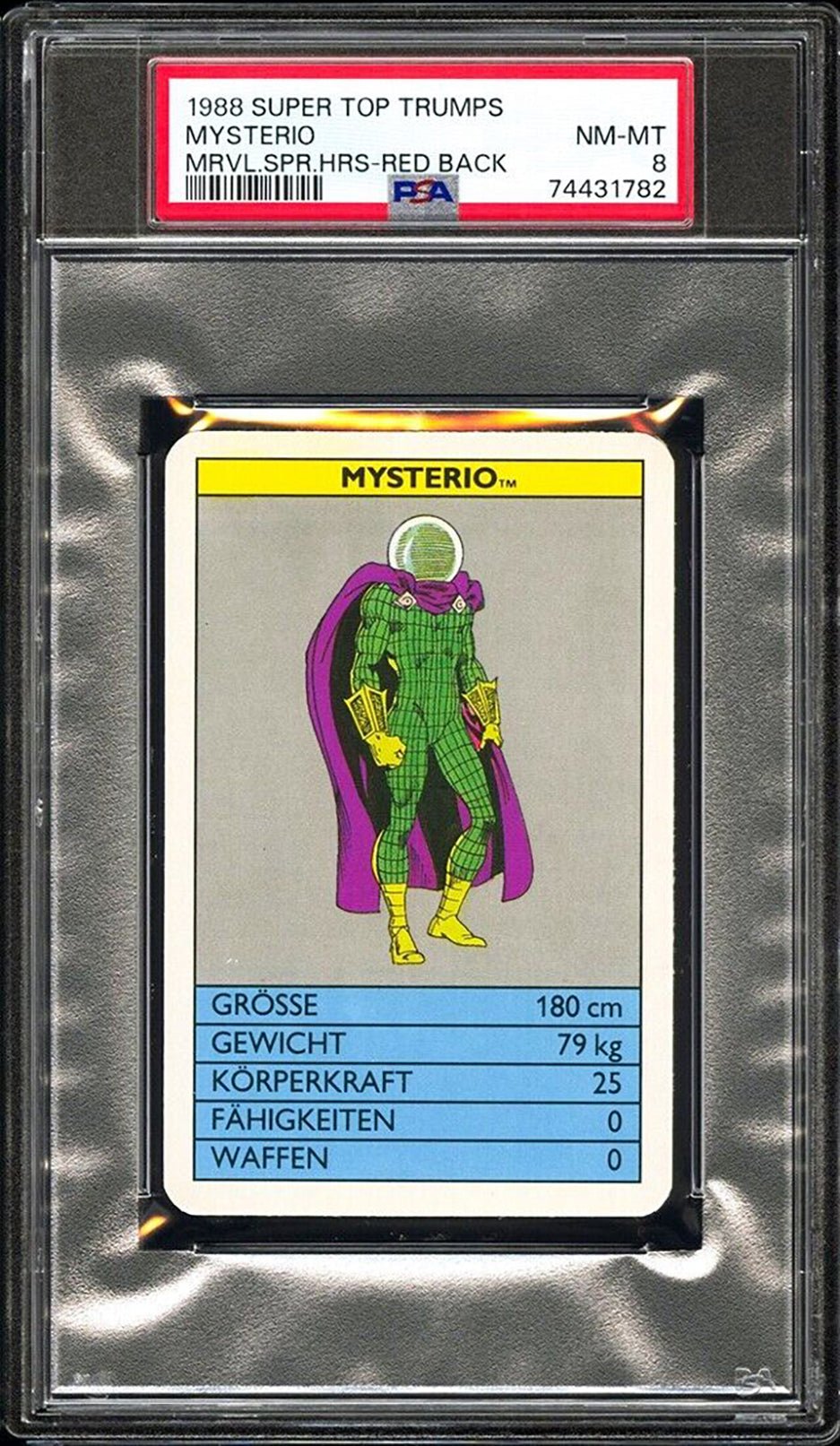 MYSTERIO PSA 8 1988 Super Top Trumps Marvel Super Heroes Red Back Marvel Base Graded Cards - Hobby Gems