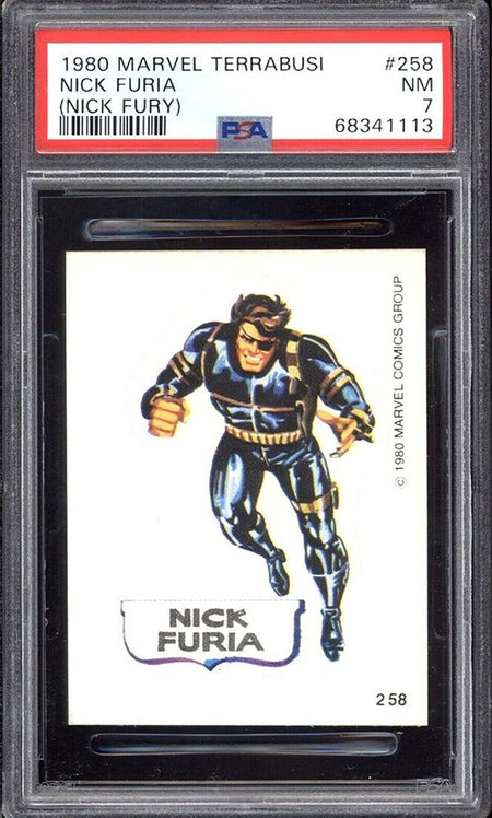 NICK FURY PSA 7 1980 Marvel Terrabusi Sticker #258 Marvel Graded Cards Sticker - Hobby Gems