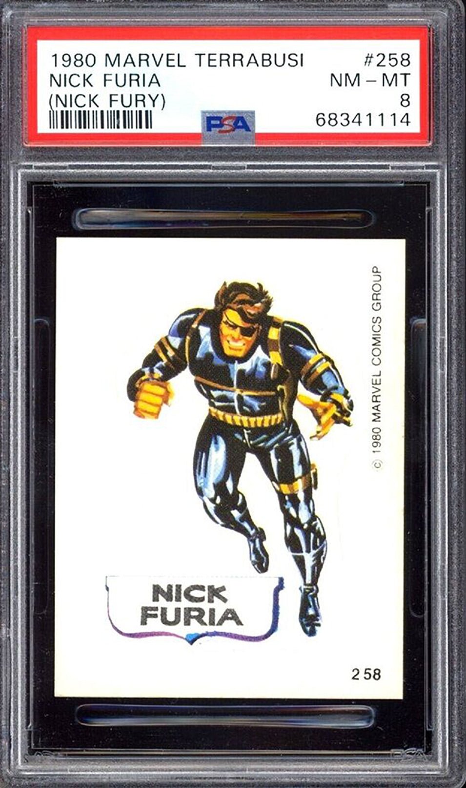 NICK FURY PSA 8 1980 Marvel Terrabusi Sticker #258 Marvel Graded Cards Sticker - Hobby Gems