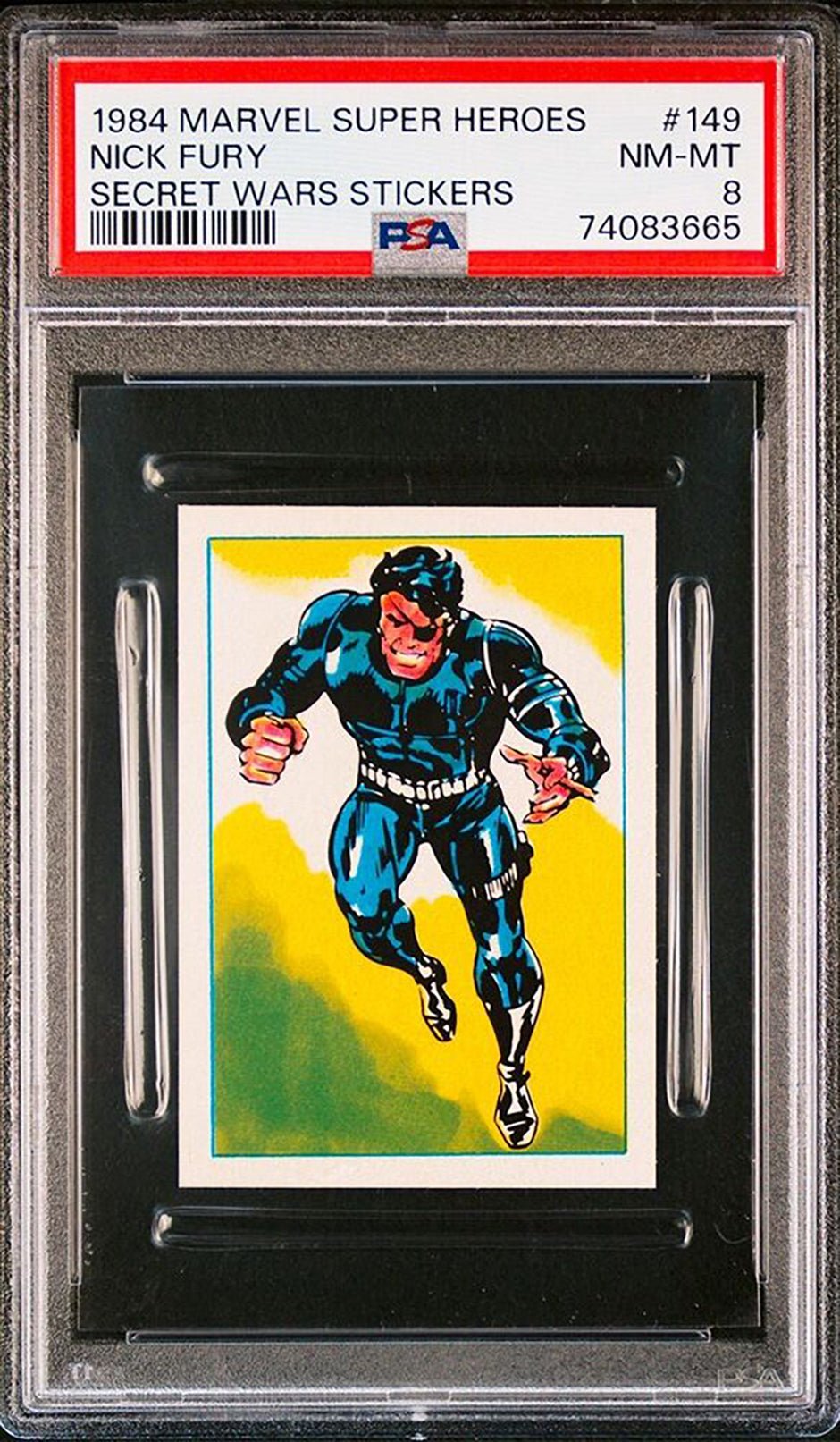 NICK FURY PSA 8 1984 Marvel Super Heroes Secret Wars Stickers #149 C1 Marvel Graded Cards Sticker - Hobby Gems