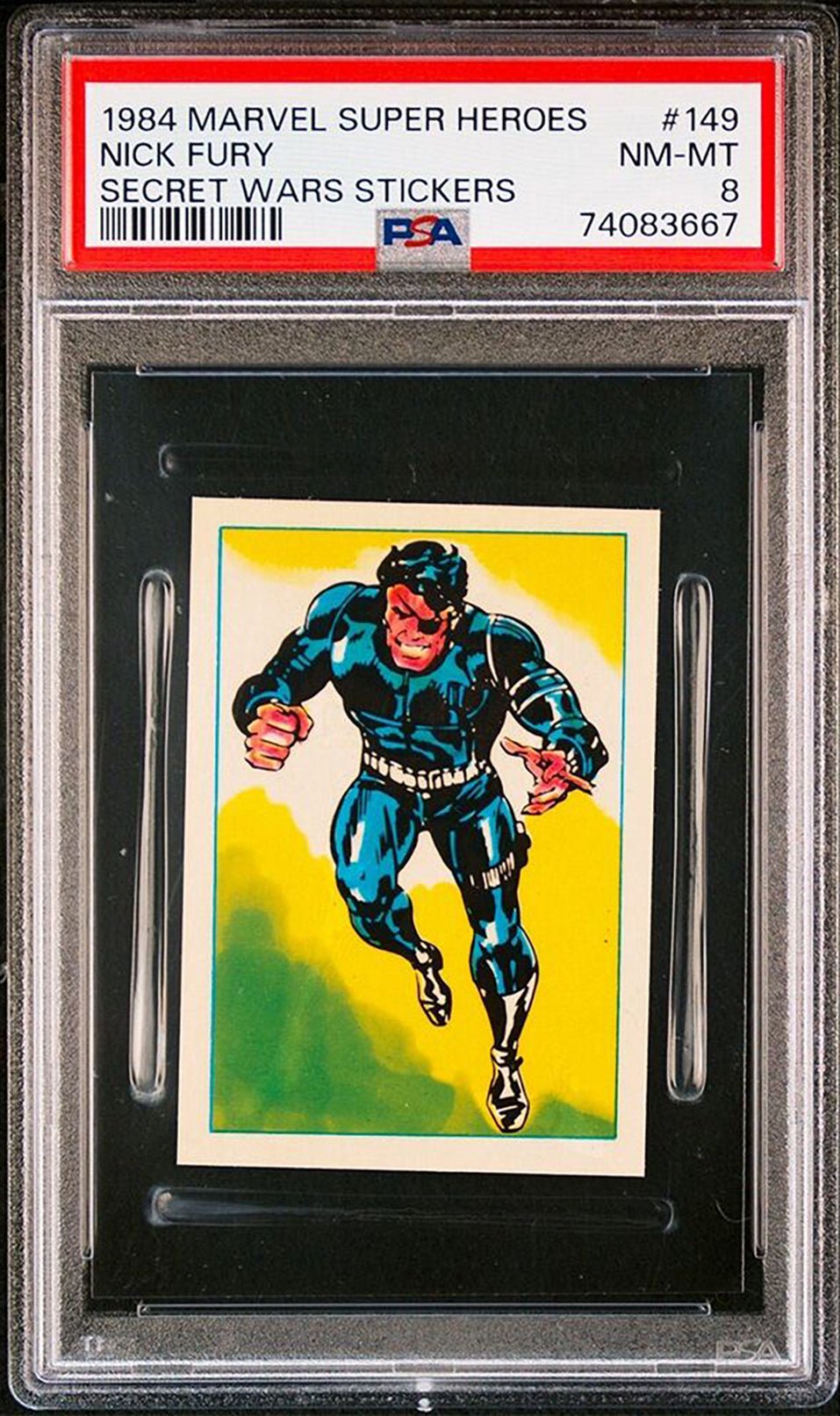 NICK FURY PSA 8 1984 Marvel Super Heroes Secret Wars Stickers #149 C3 Marvel Graded Cards Sticker - Hobby Gems