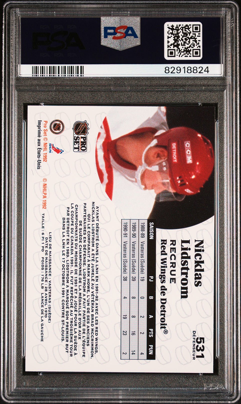 NICKLAS LIDSTROM PSA 10 1991-92 Pro Set French #531 Hockey Base Graded Cards - Hobby Gems