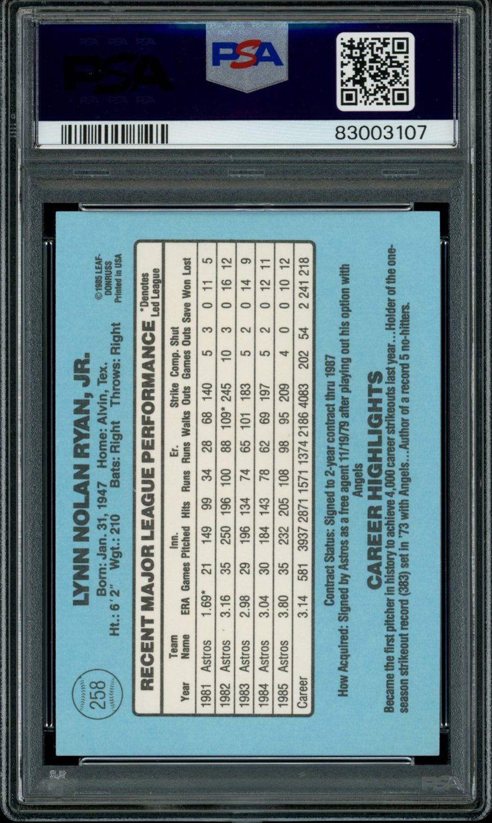 NOLAN RYAN PSA 9 1986 Donruss #258 Baseball Base Graded Cards - Hobby Gems