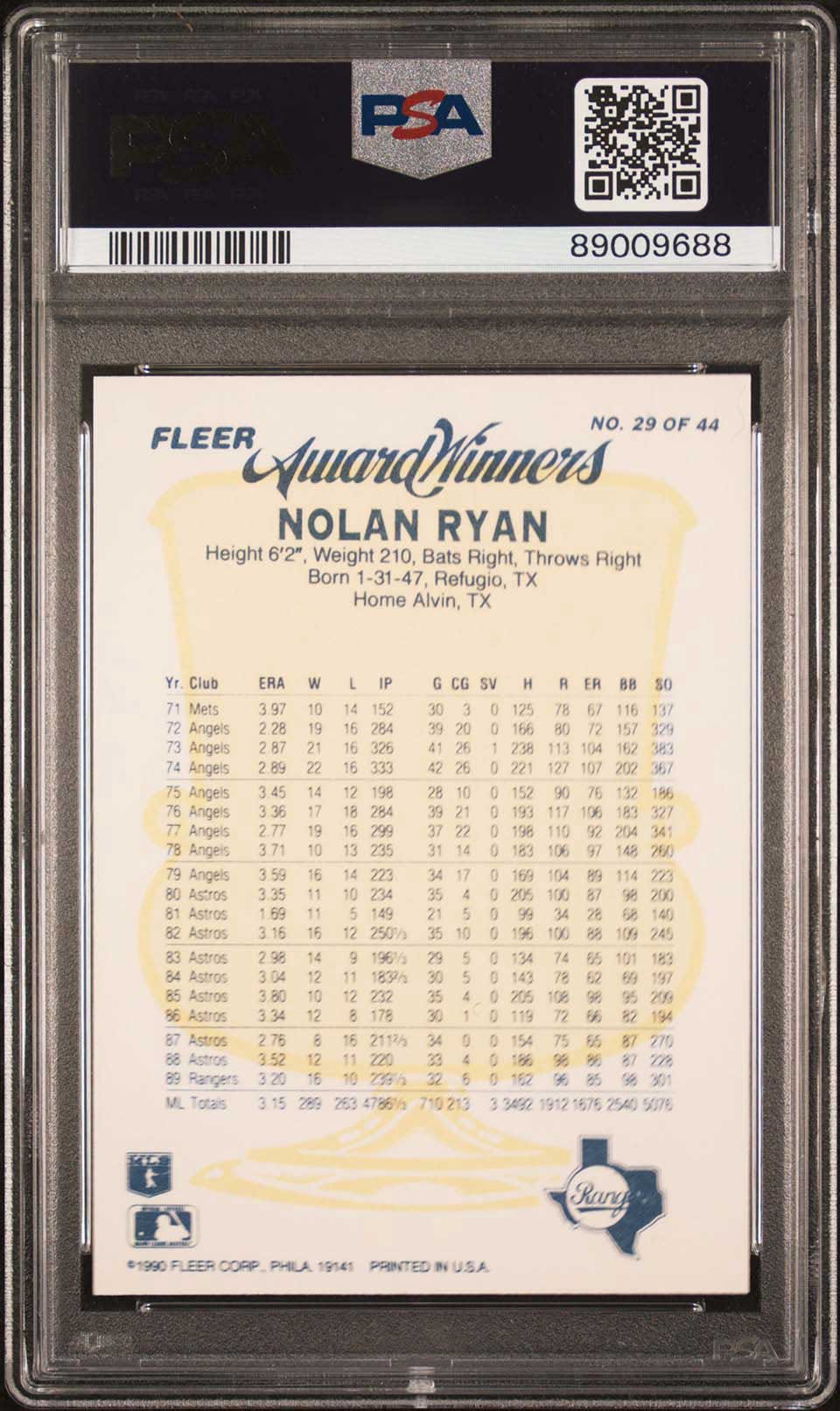 NOLAN RYAN PSA 9 1990 Fleer Award Winners #29 Baseball Base Graded Cards - Hobby Gems