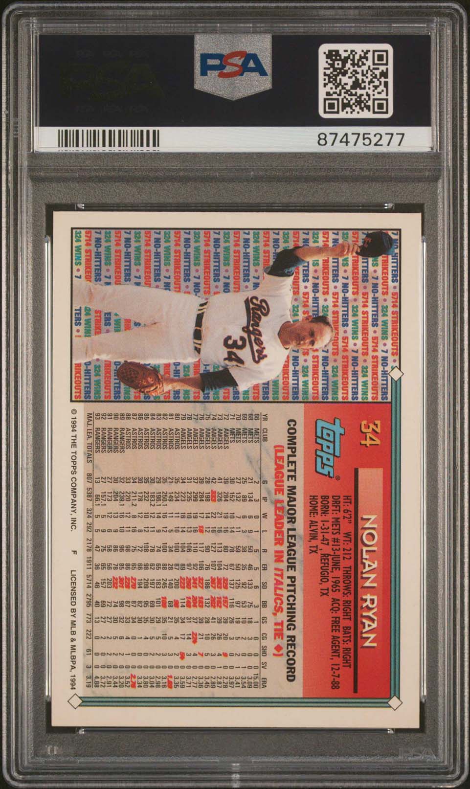 NOLAN RYAN PSA 9 1994 Topps Gold 27 Seasons #34 Baseball Graded Cards Parallel - Hobby Gems