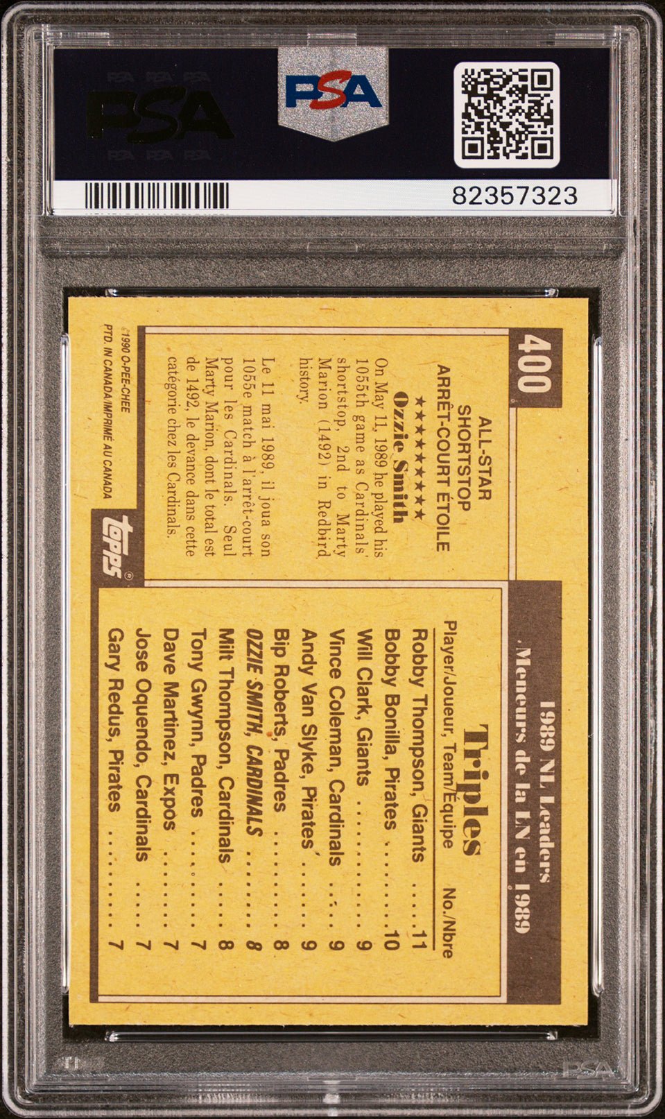 OZZIE SMITH PSA 8 1990 O-Pee-Chee All-Star #400 Baseball Base Graded Cards - Hobby Gems