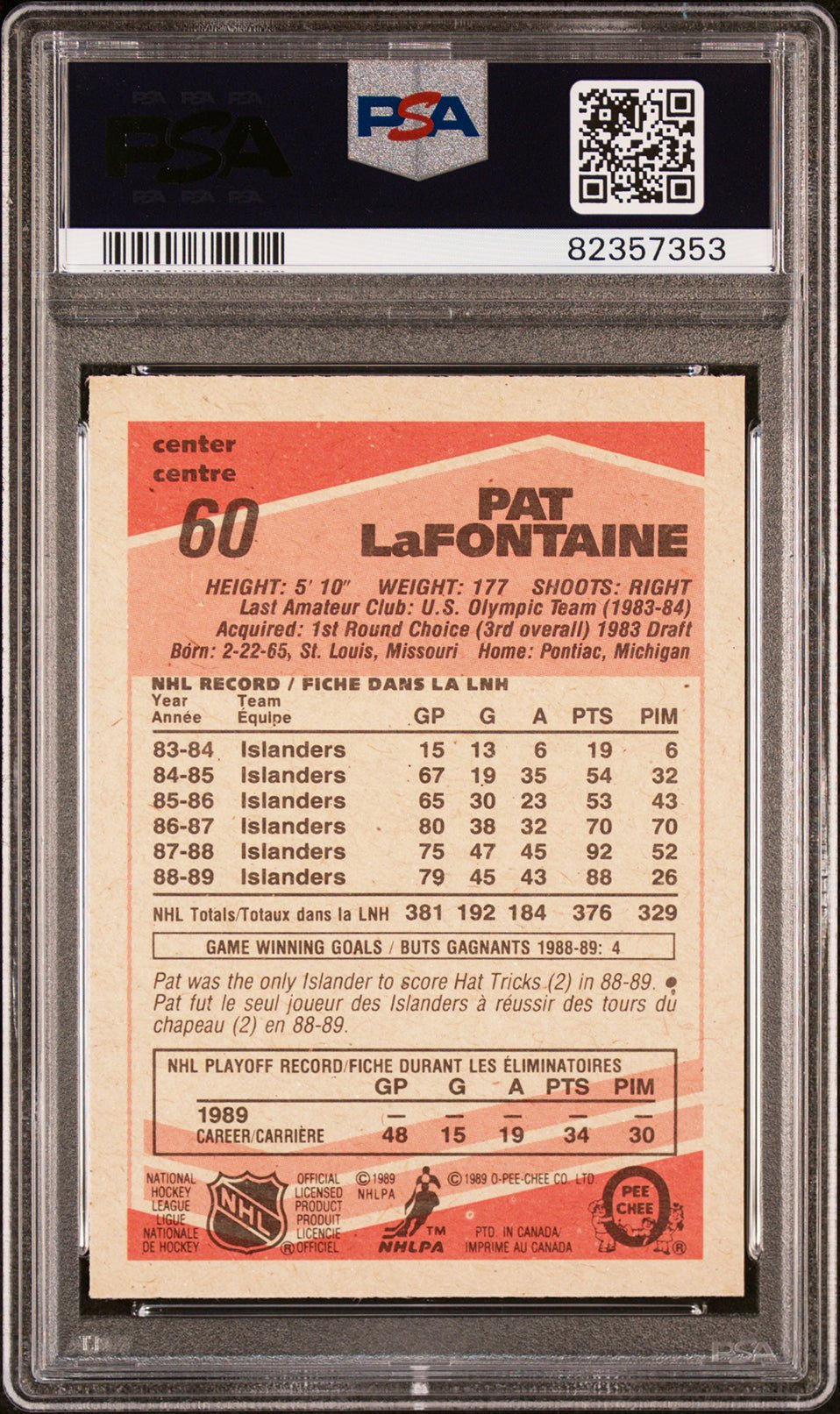 PAT LAFONTAINE PSA 9 1989-90 O-Pee Chee #60 Hockey Base Graded Cards - Hobby Gems