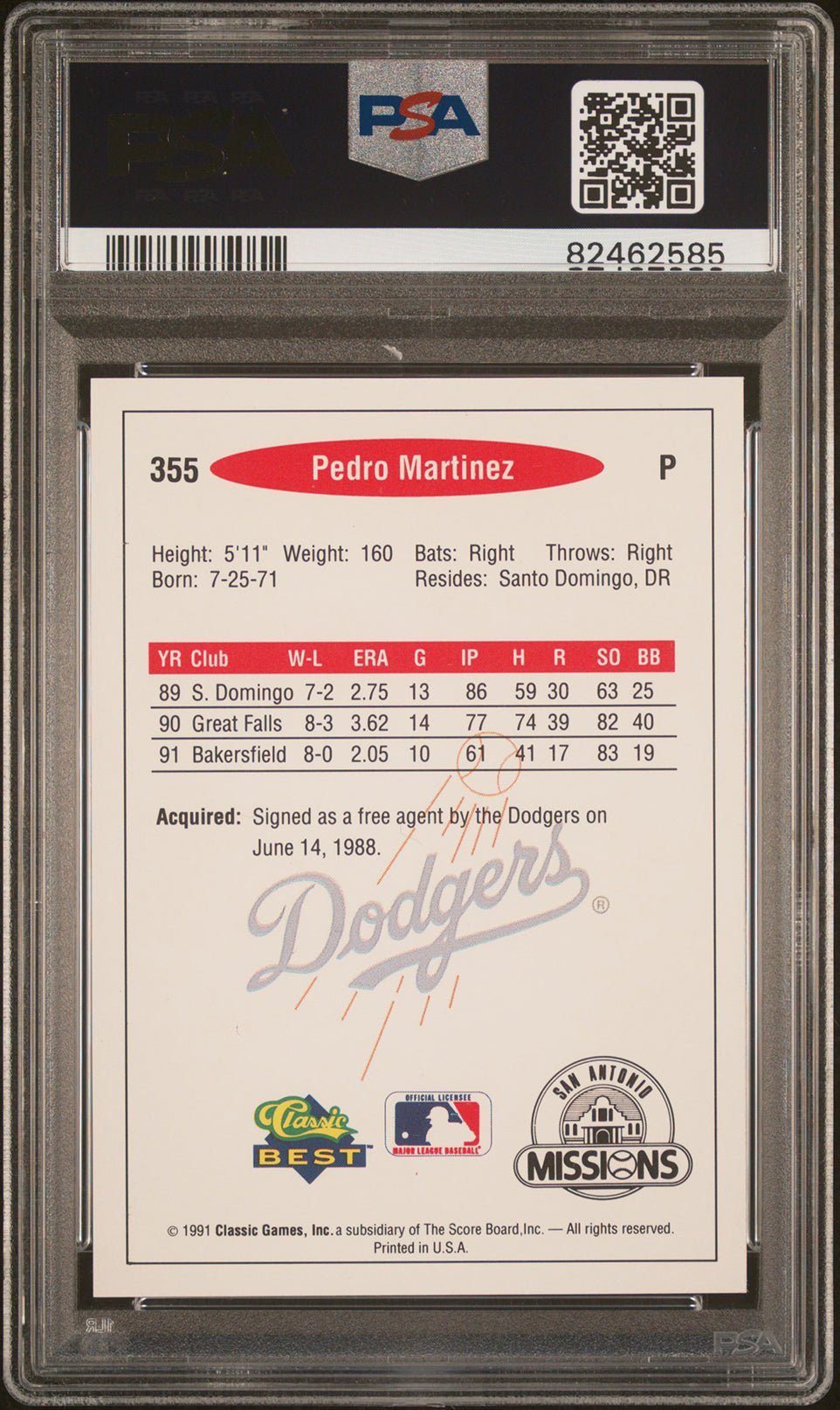 PEDRO MARTINEZ PSA 8 1991 Classic Best #355 Baseball Base Graded Cards - Hobby Gems