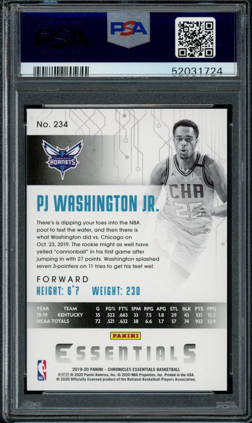 PJ WASHINGTON JR PSA 10 2019-20 Panini Chronicles RC Essentials Pink #234 Basketball Graded Cards Parallel RC - Hobby Gems