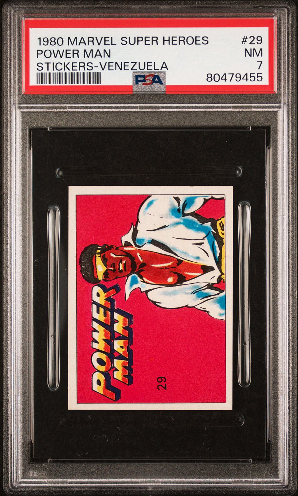 POWER-MAN LUKE CAGE PSA 7 1980 Marvel Super Heroes Sticker Venezuela #29 Marvel Graded Cards Sticker - Hobby Gems