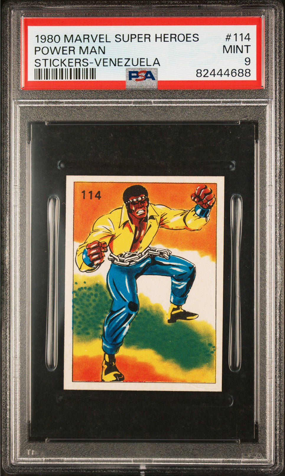 POWER MAN PSA 9 1980 Marvel Super Heroes Sticker-Venezuela #114 Marvel Graded Cards Sticker - Hobby Gems