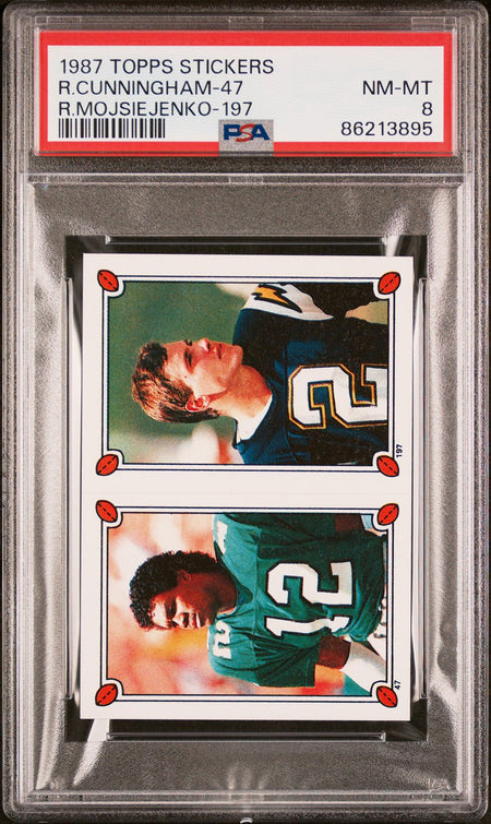 RANDALL CUNNINGHAM PSA 8 1987 Topps Sticker RC #47 R.Mojsiejenko 197 Football Base Graded Cards RC - Hobby Gems