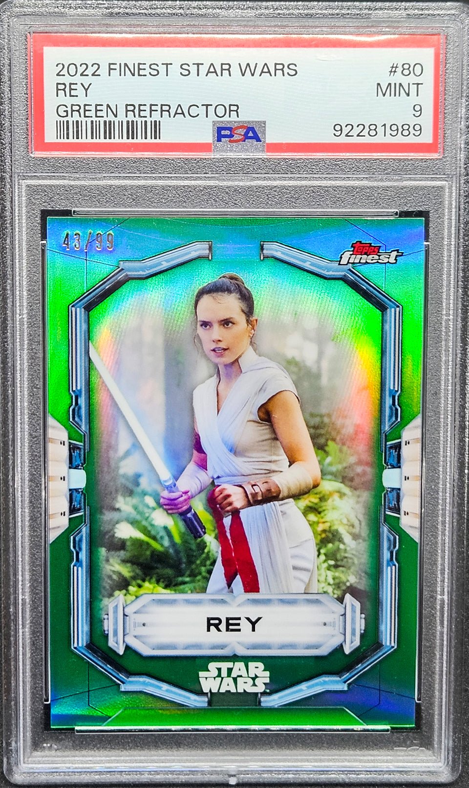 REY PSA 9 2022 Topps Finest Star Wars Green Refractor #80 43/99 Star Wars Graded Cards Parallel Serial Numbered - Hobby Gems