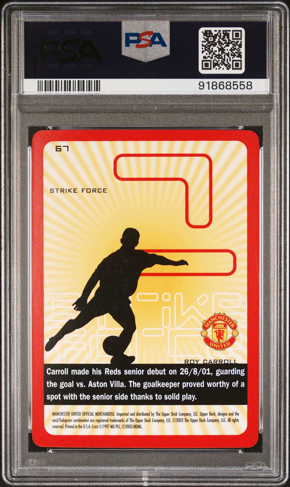 ROY CARROLL PSA 10 2003 Upper Deck Manchester United Strike Force #67 Soccer Base Graded Cards - Hobby Gems