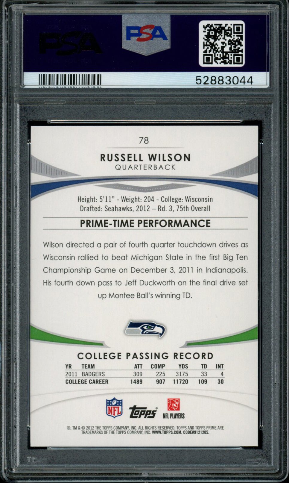 RUSSELL WILSON PSA 8 2012 Topps Prime RC No Stands Retail #78 Football Base Graded Cards RC - Hobby Gems