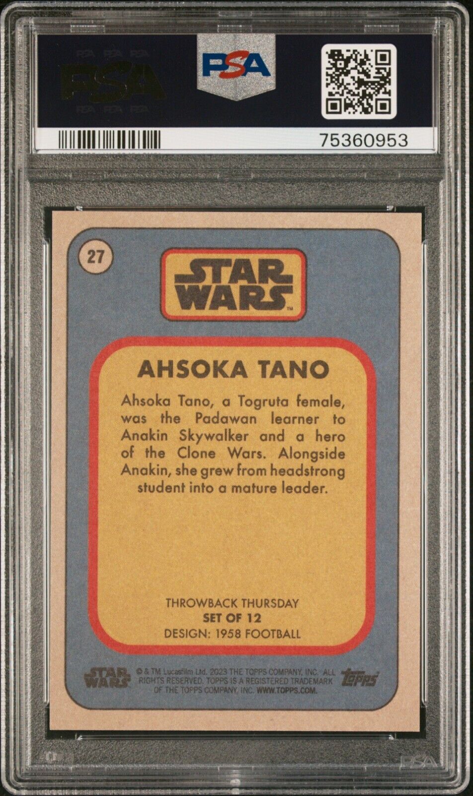 AHSOKA TANO PSA 10 2023 Topps Star Wars Throwback Thursday TBT #27 C3 Star Wars Base Graded Cards - Hobby Gems