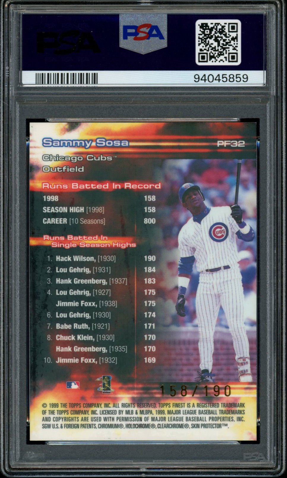 SAMMY SOSA PSA 10 1999 Topps Finest Prominent Figures #PF32 158/190 Baseball Graded Cards Insert Parallel - Hobby Gems