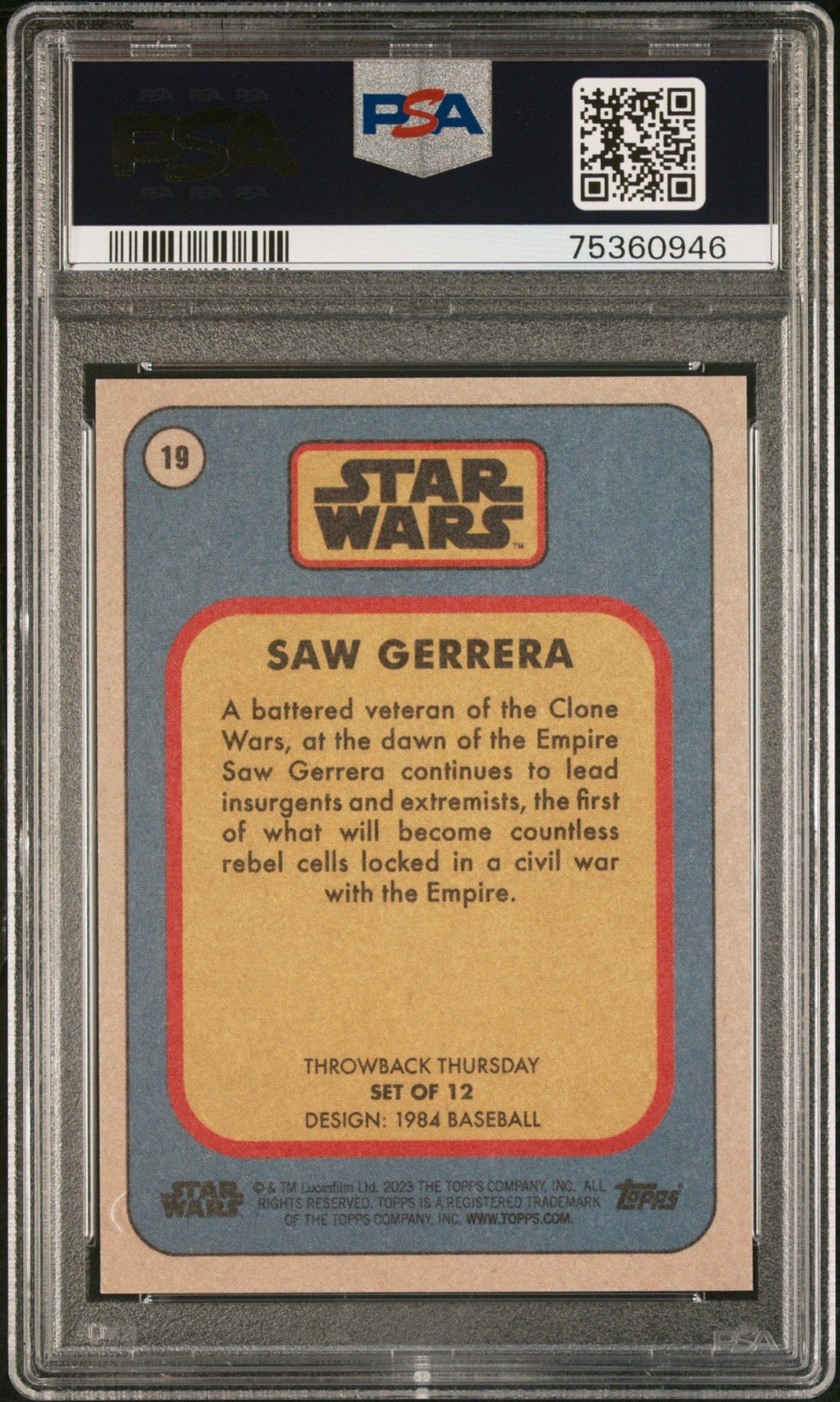 SAW GERRERA PSA 9 2023 Topps Star Wars Throwback Thursday TBT #19 C1 Star Wars Base Graded Cards - Hobby Gems