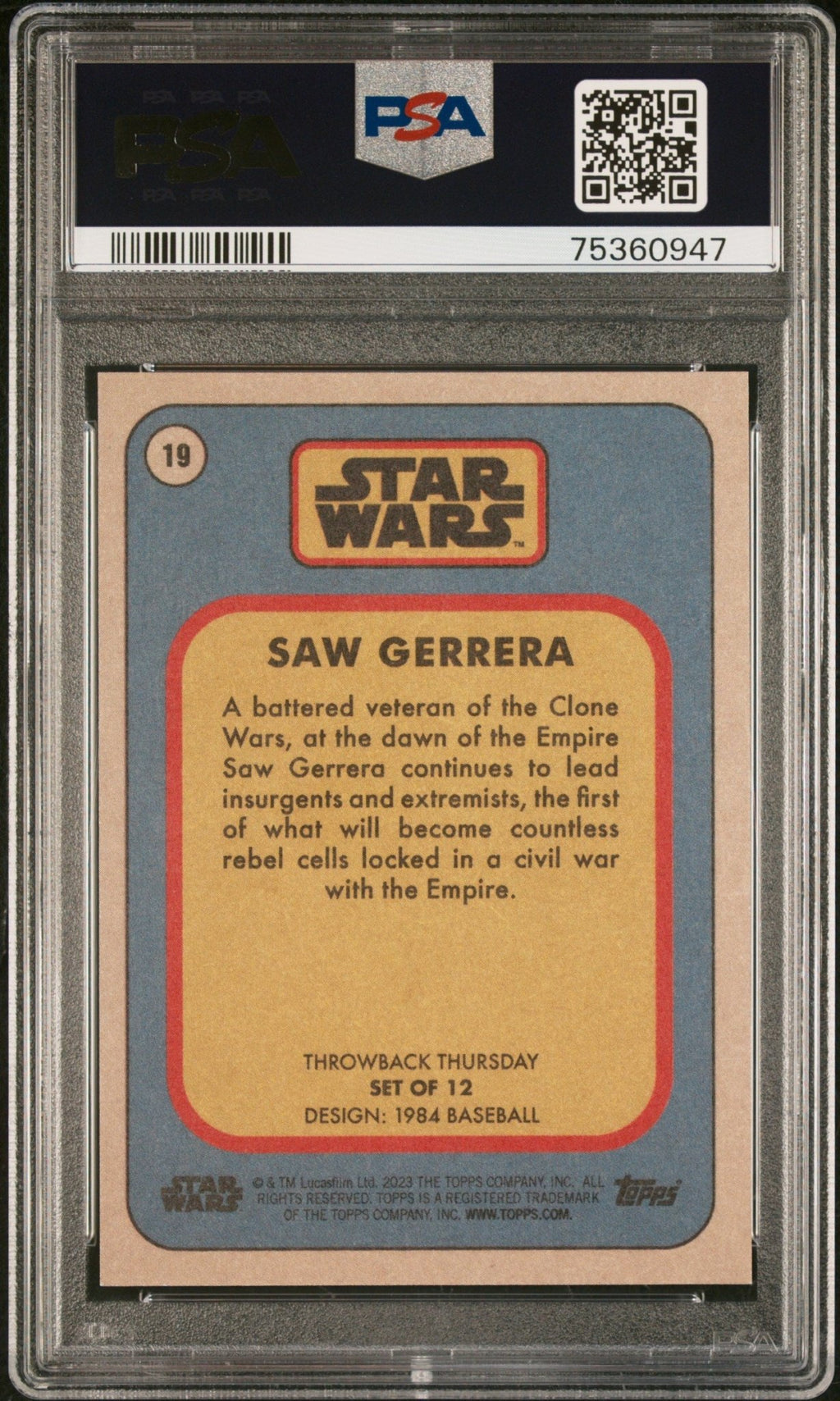 SAW GERRERA PSA 9 2023 Topps Star Wars Throwback Thursday TBT #19 C2 Star Wars Base Graded Cards - Hobby Gems