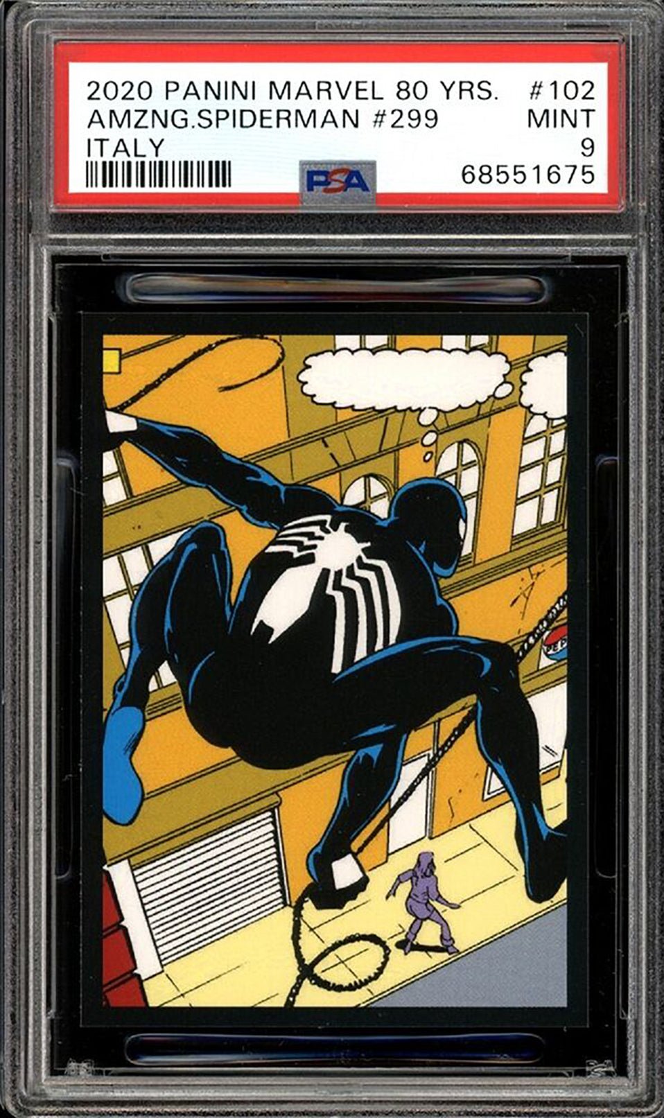 SPIDER-MAN Black Suit PSA 9 2020 Panini Marvel 80 Years Sticker #102 Italy Marvel Graded Cards Sticker - Hobby Gems