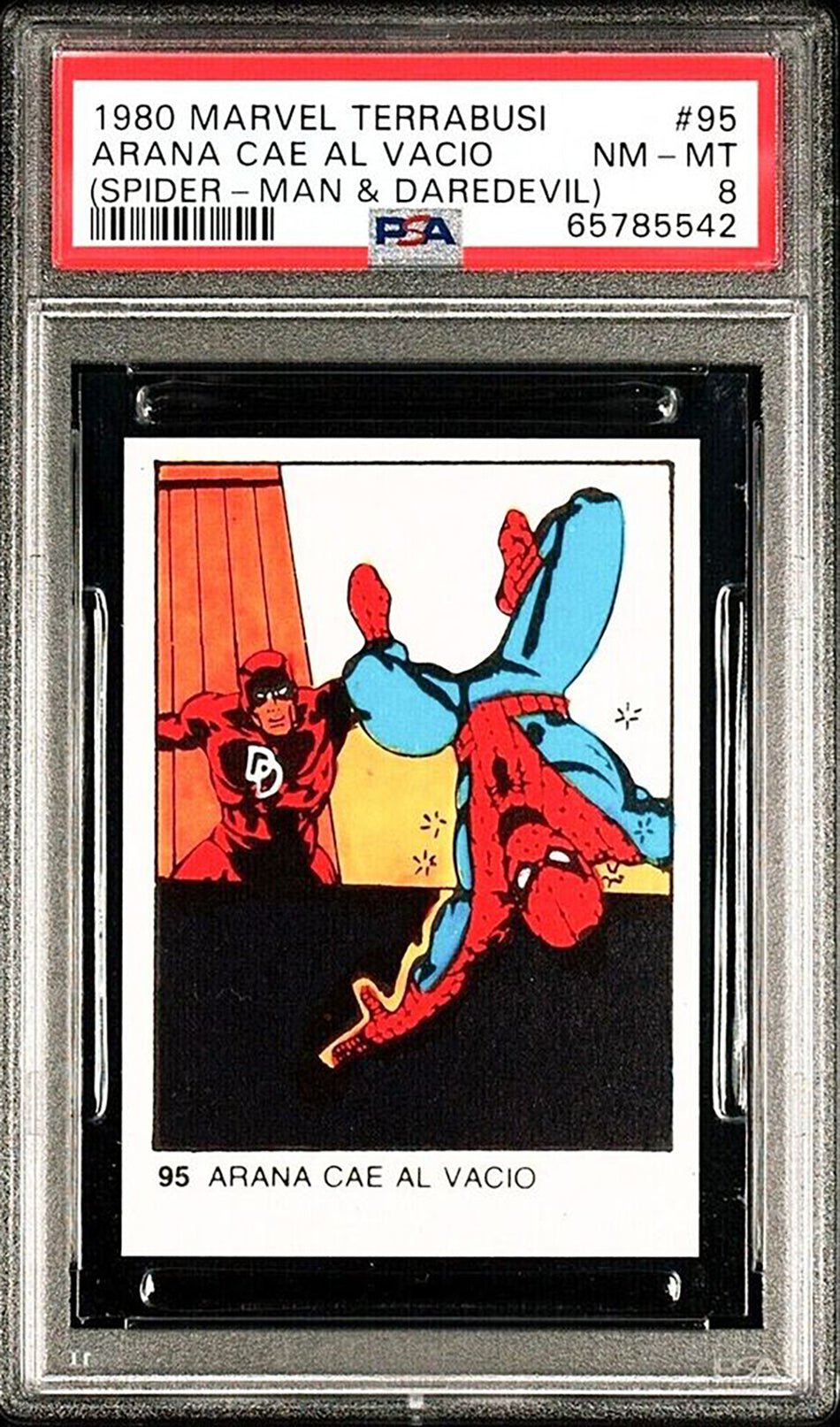 SPIDER-MAN DAREDEVIL PSA 8 1980 Spanish Marvel Superheroes Terrabusi #95 Marvel Base Graded Cards - Hobby Gems