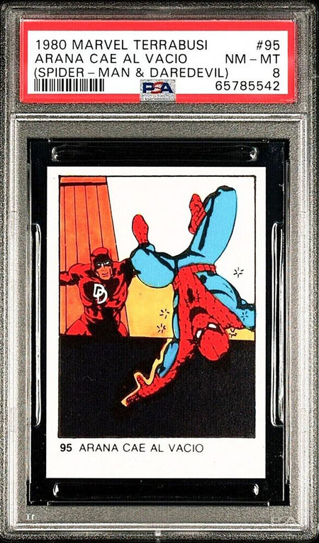 SPIDER-MAN DAREDEVIL PSA 8 1980 Spanish Marvel Superheroes Terrabusi #95 Marvel Base Graded Cards - Hobby Gems