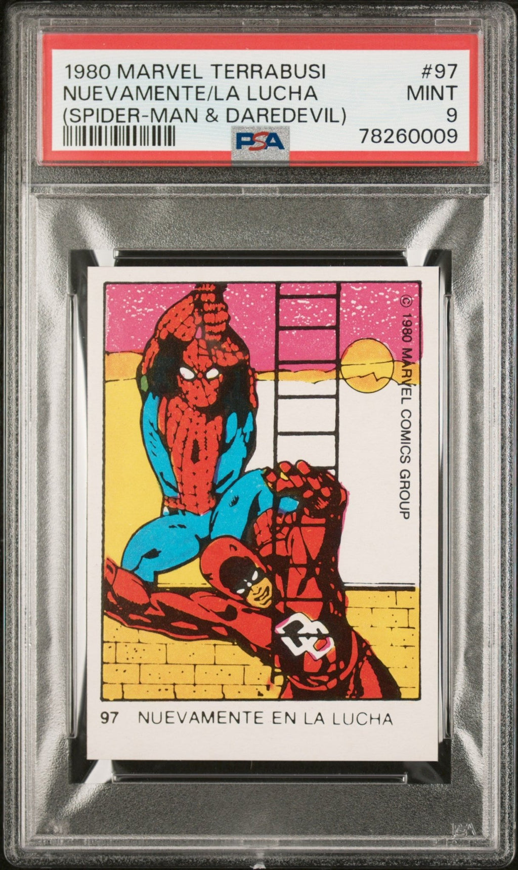 SPIDER-MAN DAREDEVIL PSA 9 1980 Marvel Terrabusi Nuevamente EN La Lucha #97 Marvel Base Graded Cards - Hobby Gems