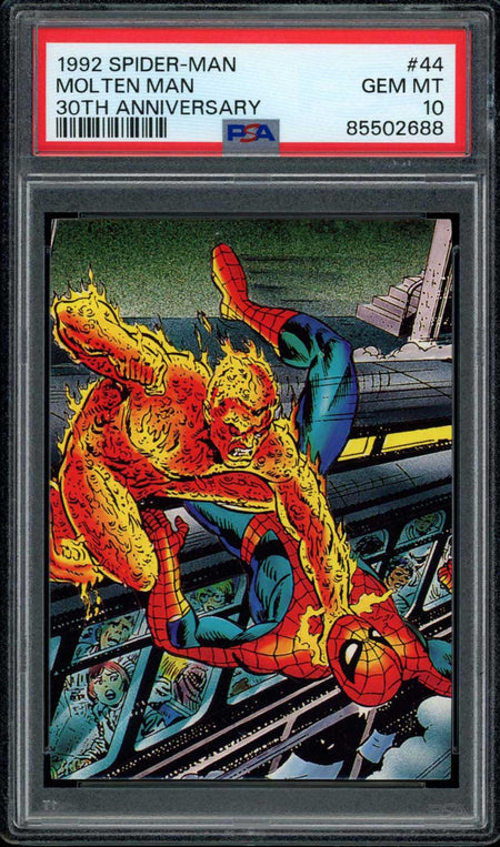 SPIDER-MAN MOLTEN MAN PSA 10 1992 Marvel Spider-Man 30th Anniversary #44 Marvel Base Graded Cards - Hobby Gems