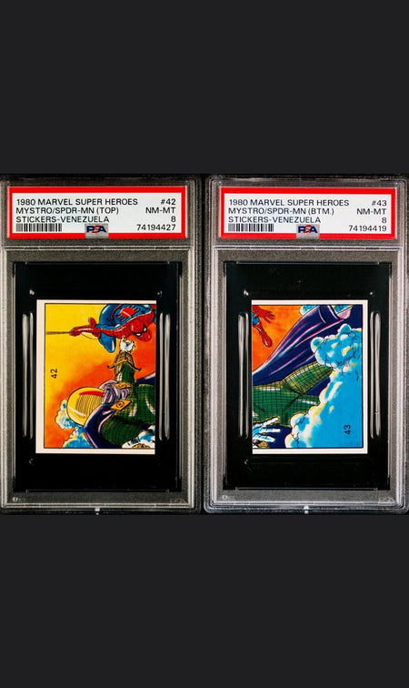 SPIDER-MAN MYSTERIO PSA 8 1980 Marvel Super Heroes Stickers-Venezuela #42 #43 Marvel Graded Cards Sticker - Hobby Gems