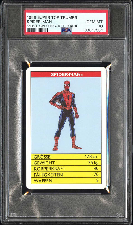 SPIDER - MAN PSA 10 1988 Super Top Trumps Marvel Super Heroes Red Back Marvel Base Graded Cards - Hobby Gems