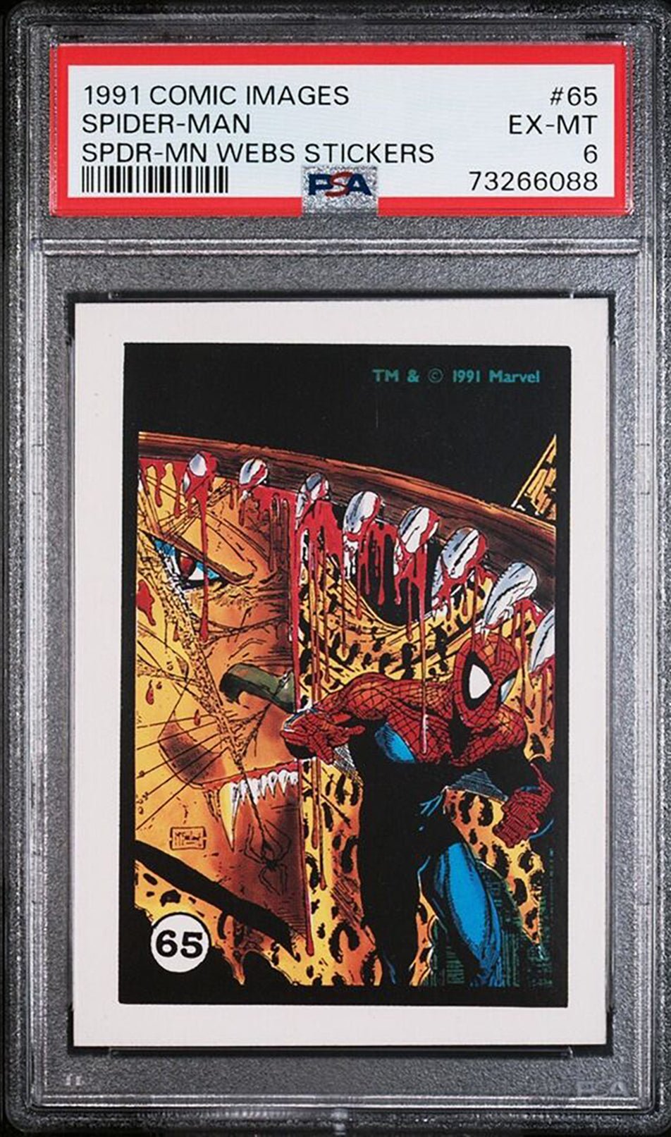 SPIDER-MAN PSA 6 1991 Comic Images Marvel Webs Stickers #65 Marvel Graded Cards Sticker - Hobby Gems