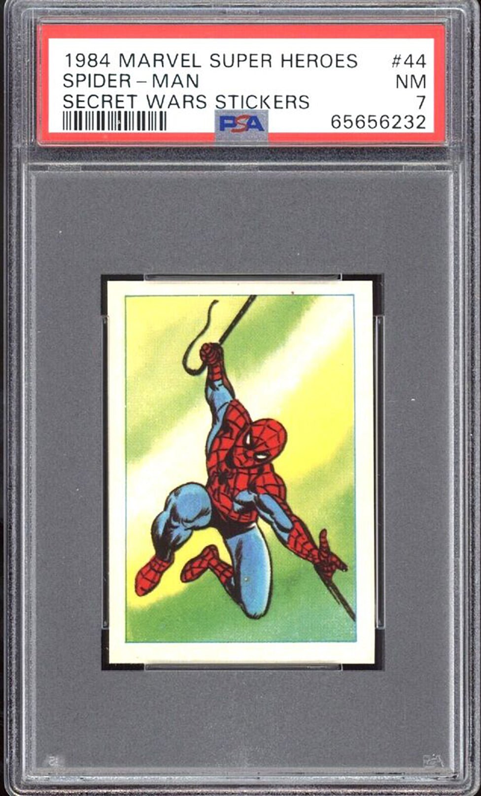 SPIDER-MAN PSA 7 1984 Marvel Super Heroes Secret Wars Stickers #44 C1 Marvel Graded Cards Sticker - Hobby Gems