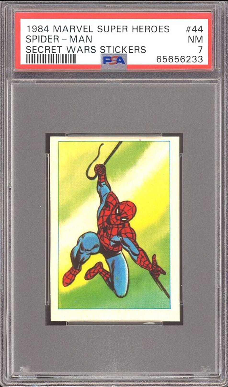 SPIDER-MAN PSA 7 1984 Marvel Super Heroes Secret Wars Stickers #44 C2 Marvel Graded Cards Sticker - Hobby Gems