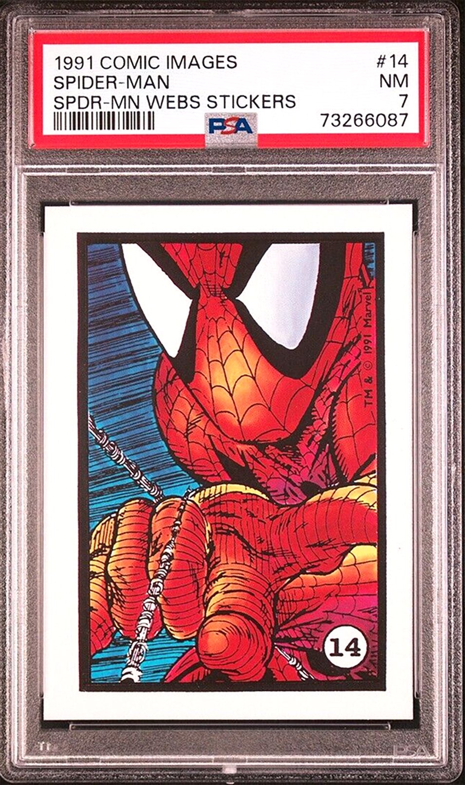 SPIDER-MAN PSA 7 1991 Comic Images Marvel Webs Stickers #14 Marvel Graded Cards Sticker - Hobby Gems