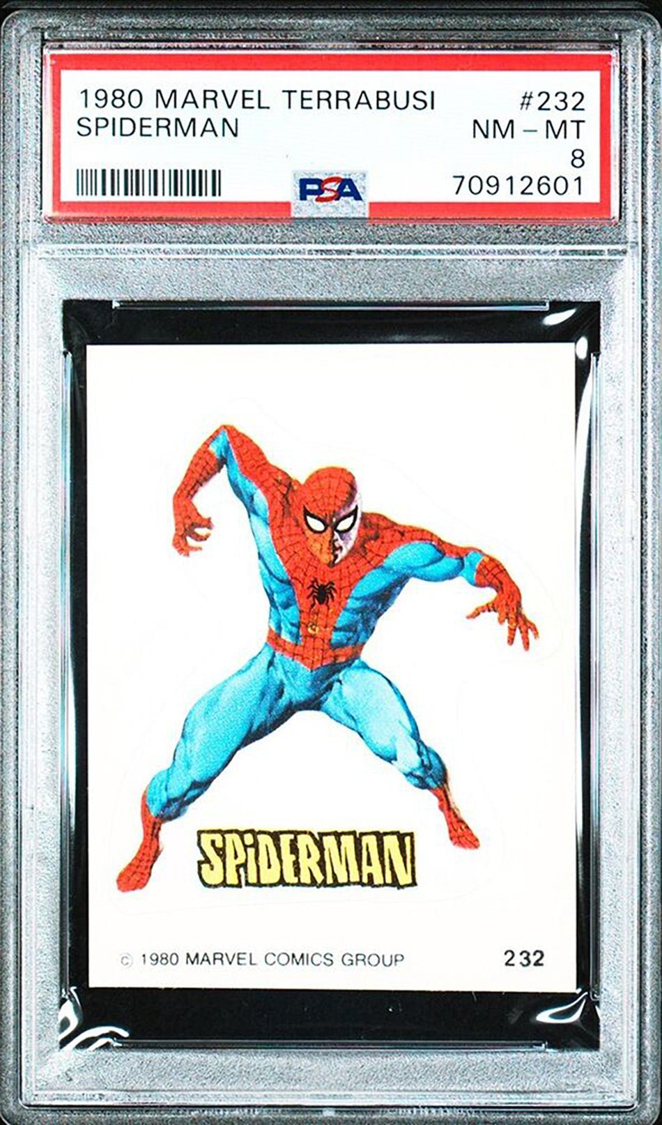 SPIDER-MAN PSA 8 1980 Marvel Terrabusi Super Heroes Sticker #232 C2 Marvel Graded Cards Sticker - Hobby Gems