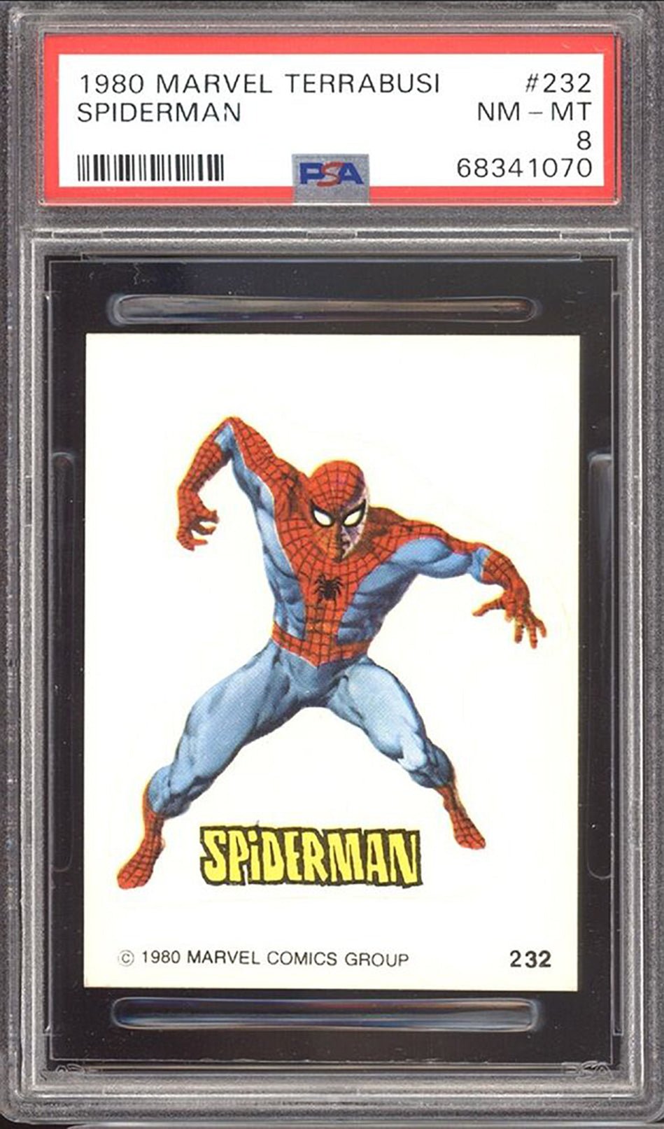 SPIDER-MAN PSA 8 1980 Marvel Terrabusi Super Heroes Sticker #232 C3 Marvel Graded Cards Sticker - Hobby Gems