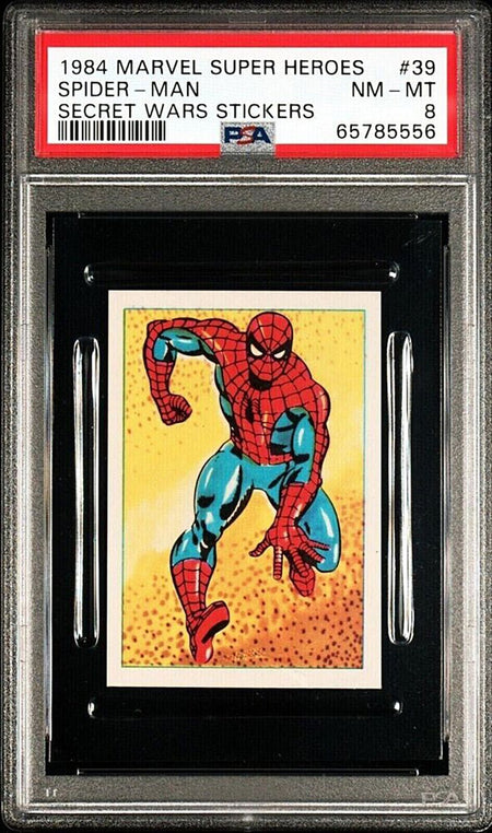 SPIDER-MAN PSA 8 1984 Marvel Super Heroes Secret Wars Stickers #39 C1 Marvel Graded Cards Sticker - Hobby Gems