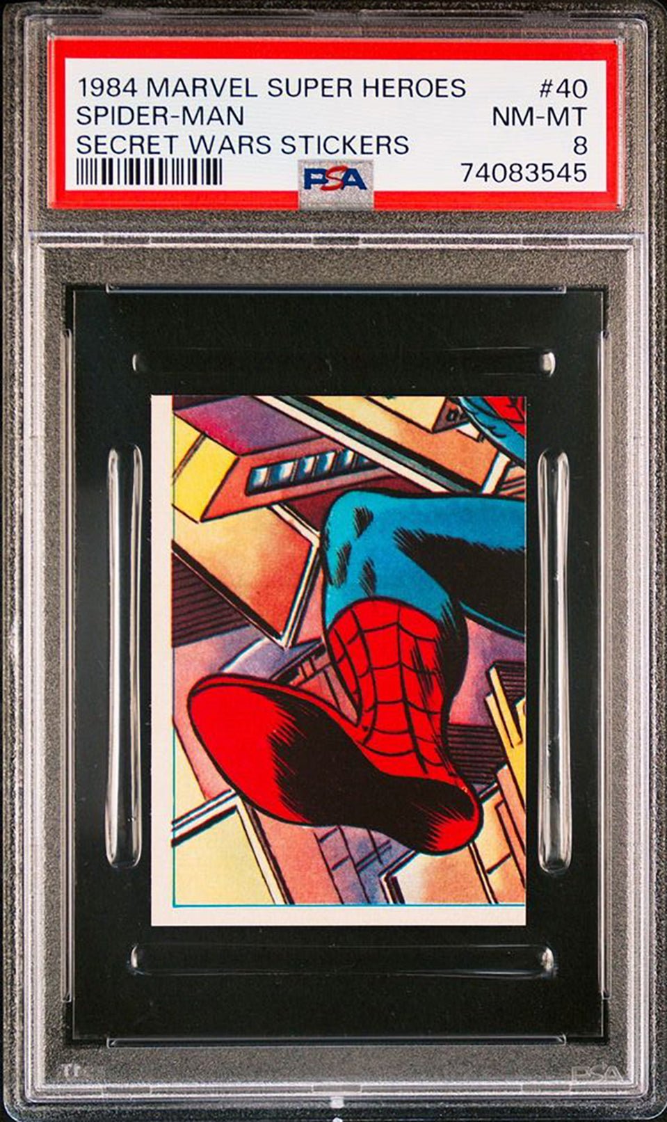 SPIDER-MAN PSA 8 1984 Marvel Super Heroes Secret Wars Stickers #40 Marvel Graded Cards Sticker - Hobby Gems