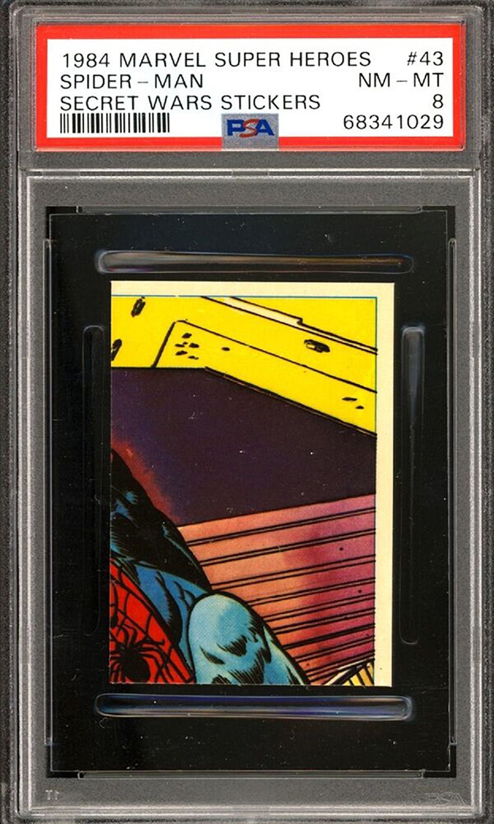 SPIDER-MAN PSA 8 1984 Marvel Super Heroes Secret Wars Stickers #43 C2 Marvel Graded Cards Sticker - Hobby Gems